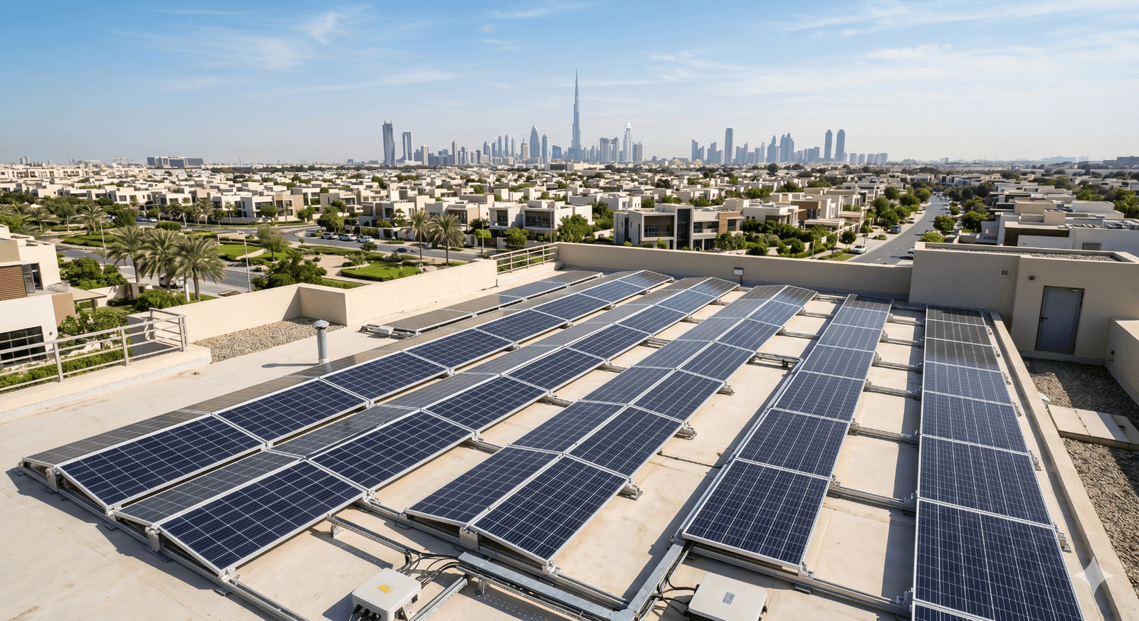 Solar panels on modern Dubai building rooftop